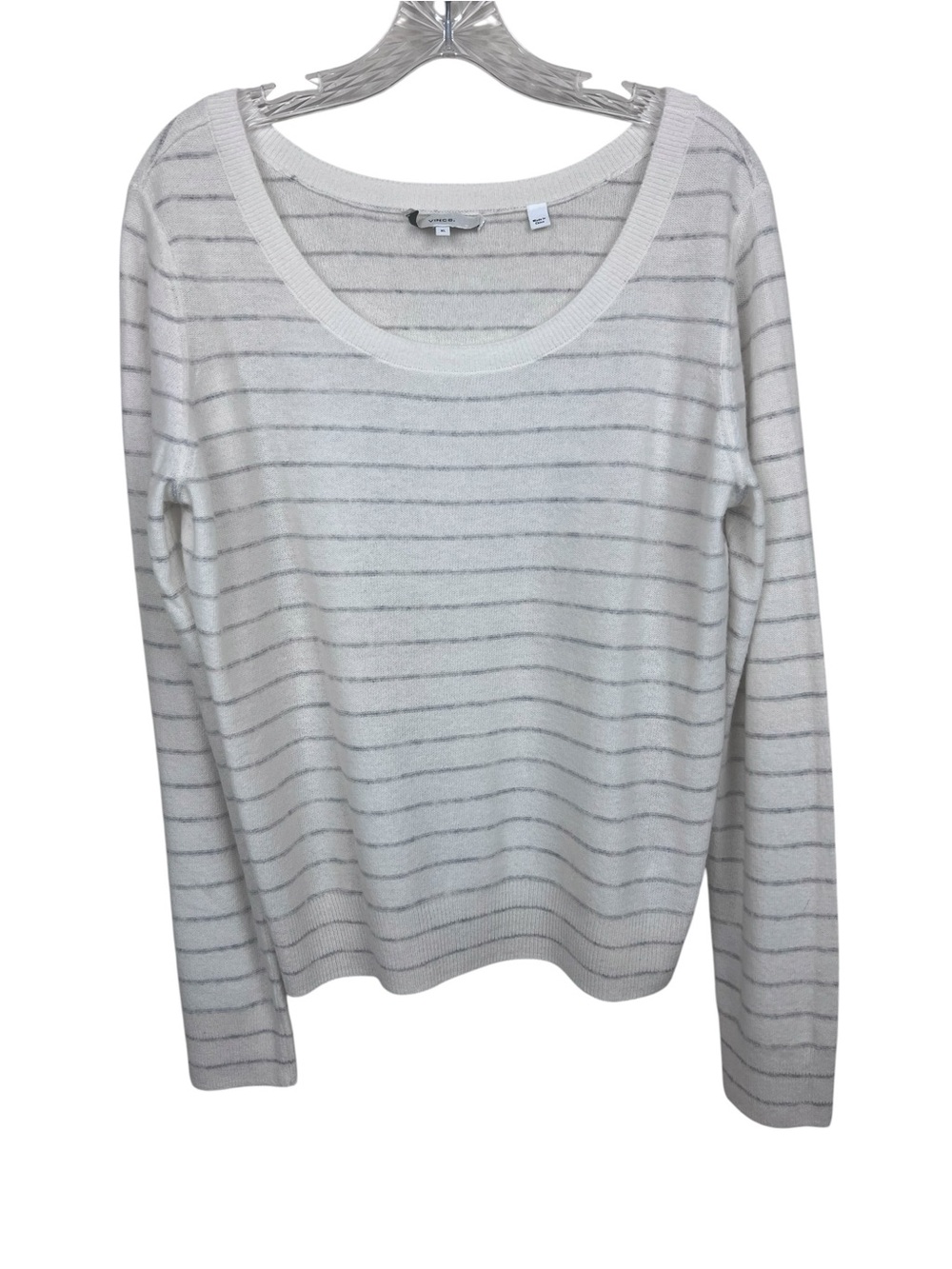 Vince Cashmere Striped Sweater Lightweight White & Gray Striped Scoop Neck XL